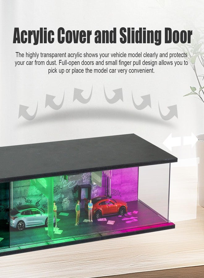 صندوق عرض سيارات بمقياس 1/64 بتصميم سايبربانك، مزود بإضاءة LED وغطاء أكريليك، مع مكانين لركن السيارات وإضاءة بنفسجية وخضراء. - Image 5